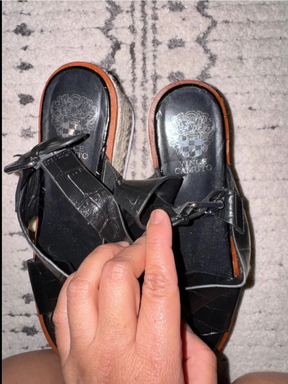 Vince Camuto Black Leather Platform Espadrille Wedge Sandals